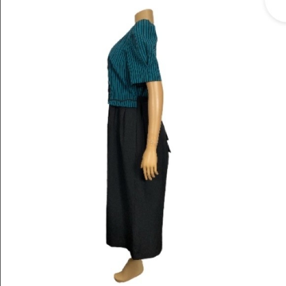 80s Miss Dorby DressTie Back Midi Black Green striped short sleeves size 10 - Picture 6 of 15
